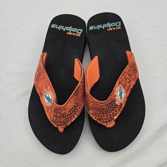 Miami Dolphins Womens Sz 5-5.5 Sequined Flip‎ Flop Sandals - Picture 1 of 5